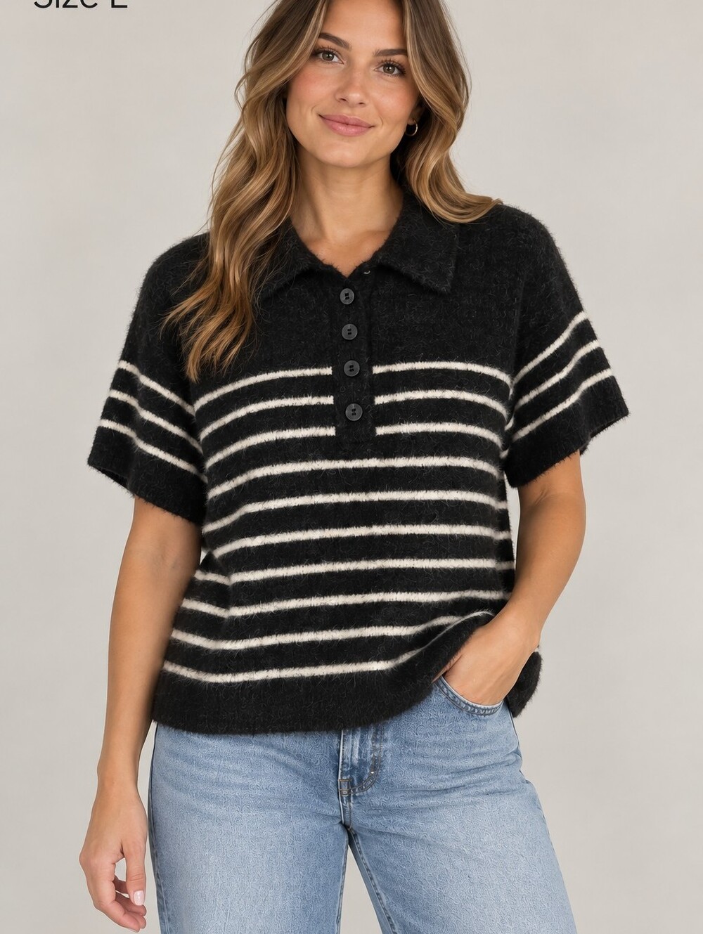 a new day Black & Cream Striped Collared Short-Sleeve Sweater Top